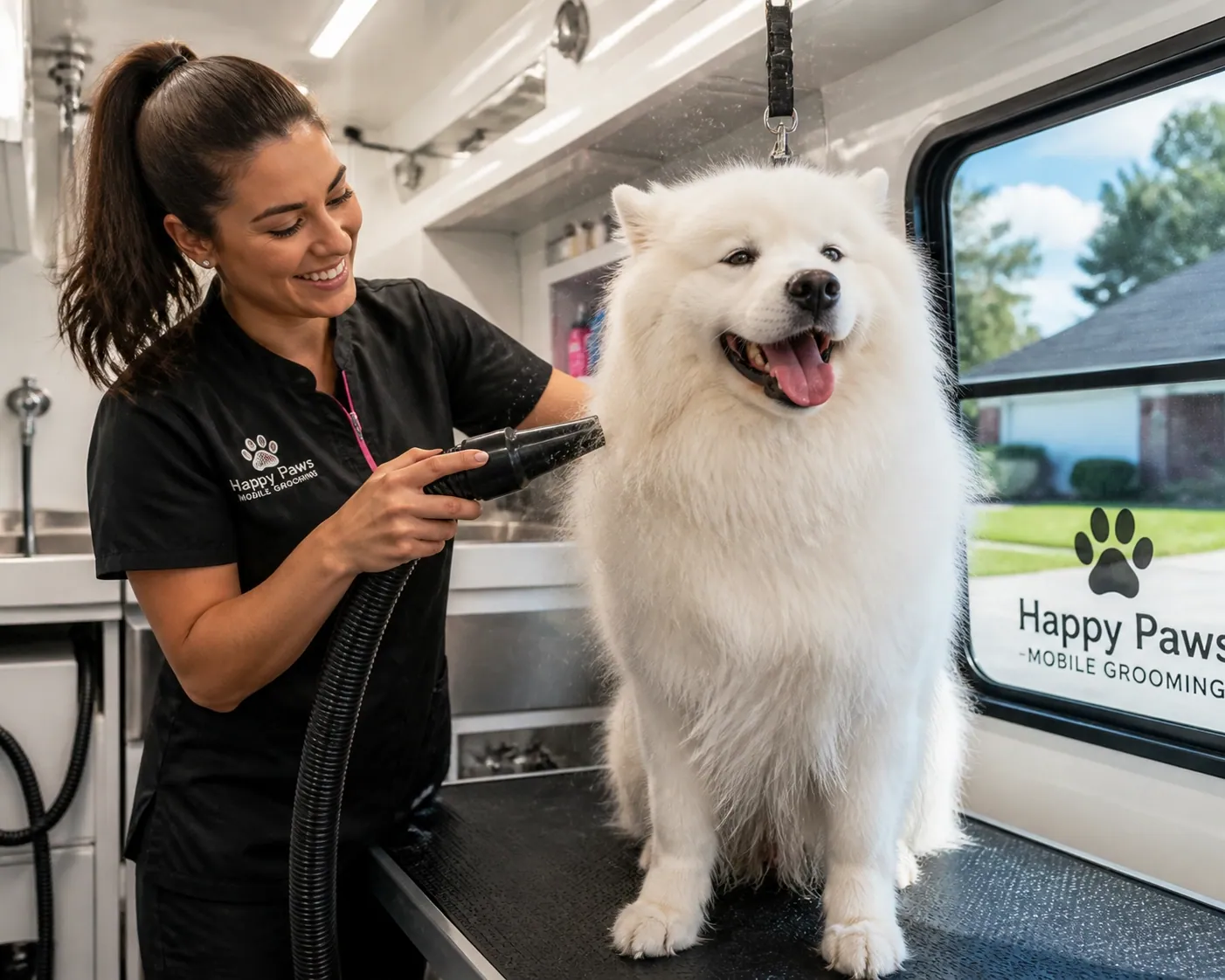 Mobile dog groomer working in a professional van used for authentic Google Business Profile photo updates.