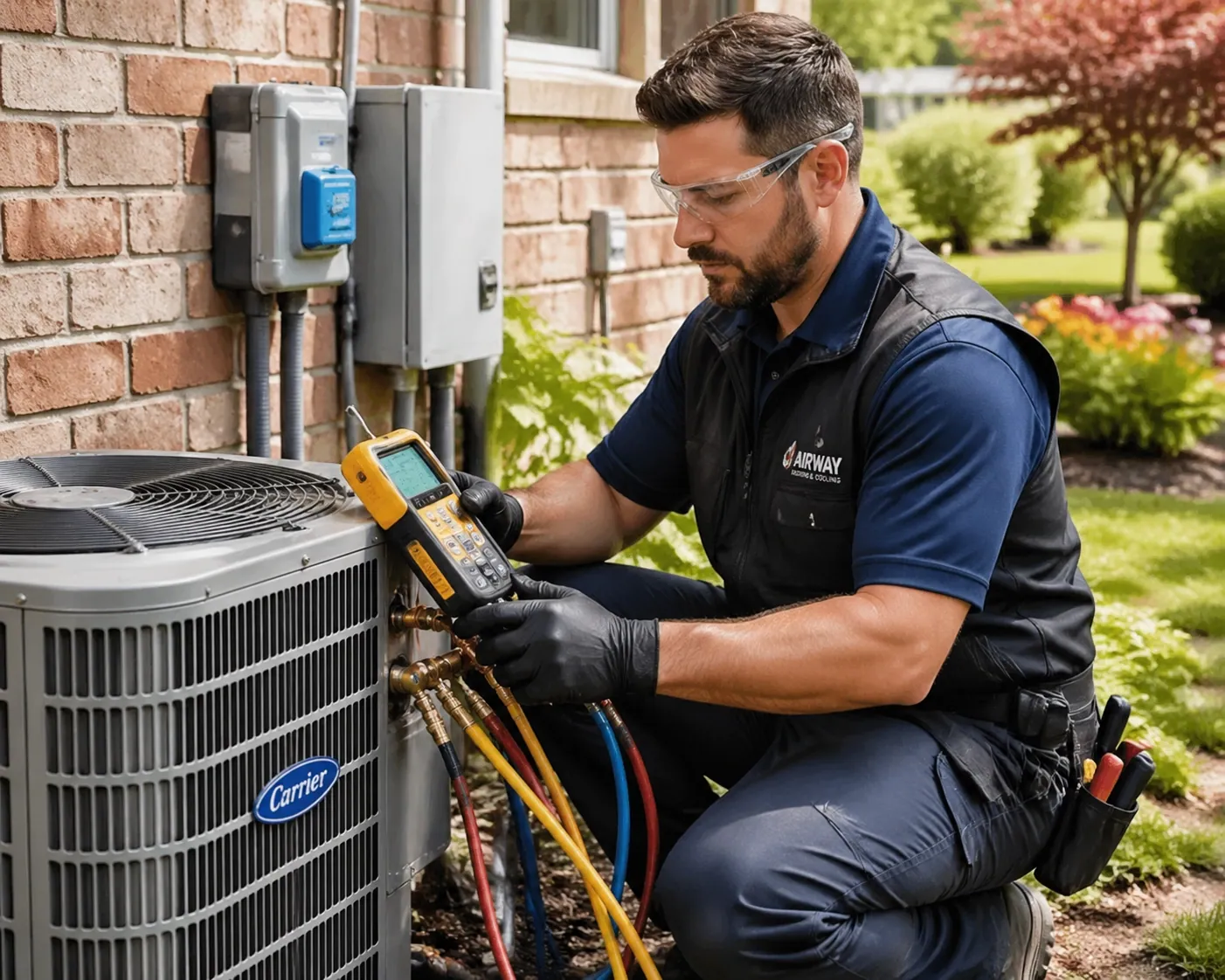 HVAC technician servicing an AC unit, illustrating the speed and efficiency of professional website maintenance services.