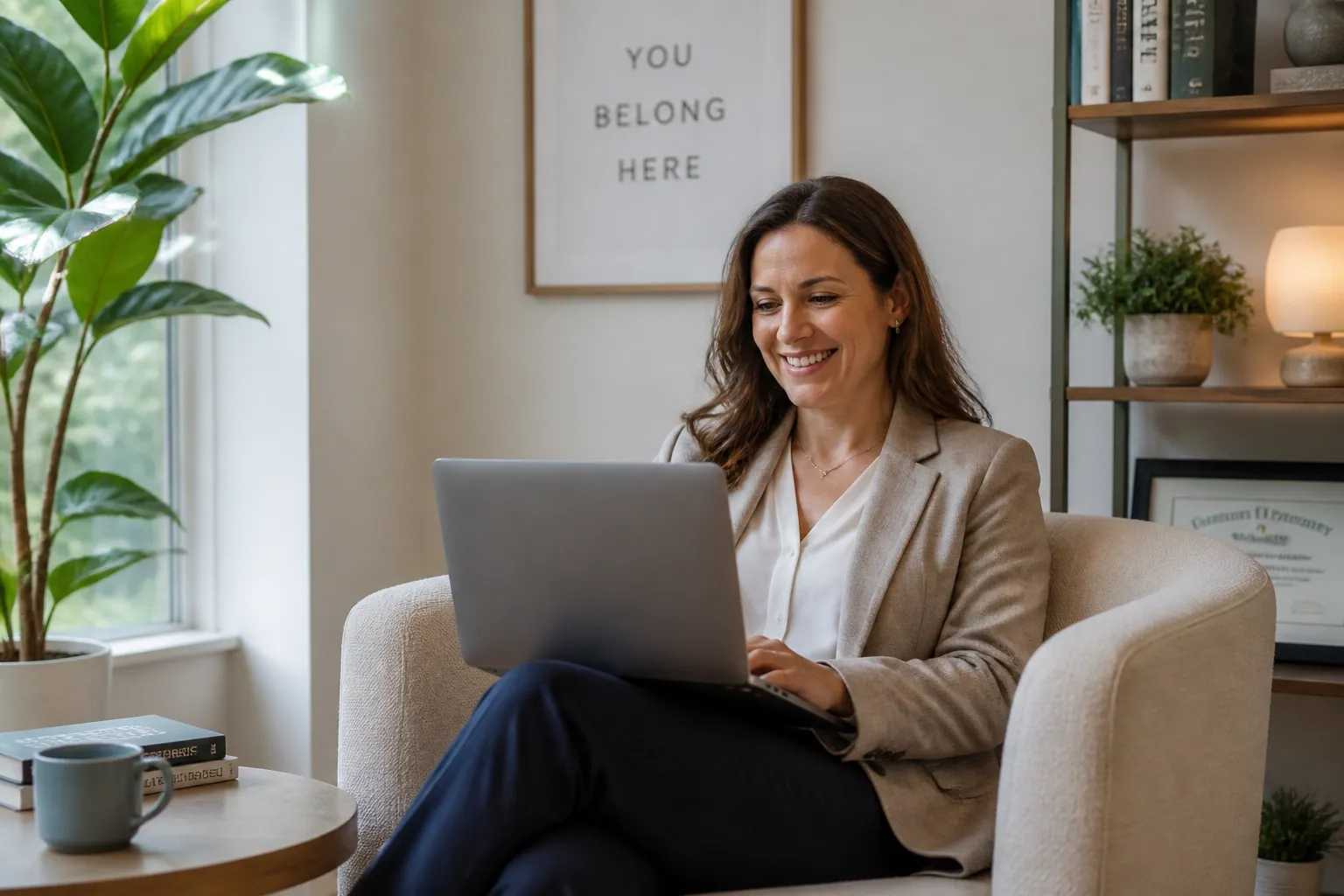 A relieved mental health counselor reviewing her website using streamlined visual feedback tools.