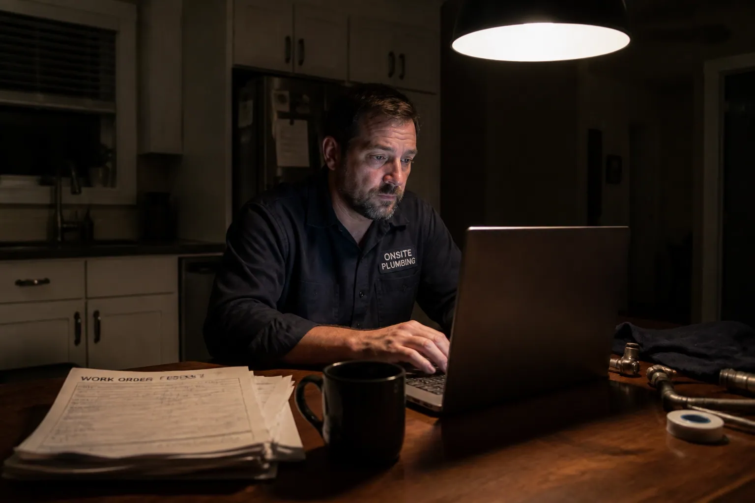 A tired service professional struggling to write website copy, causing a content bottleneck.