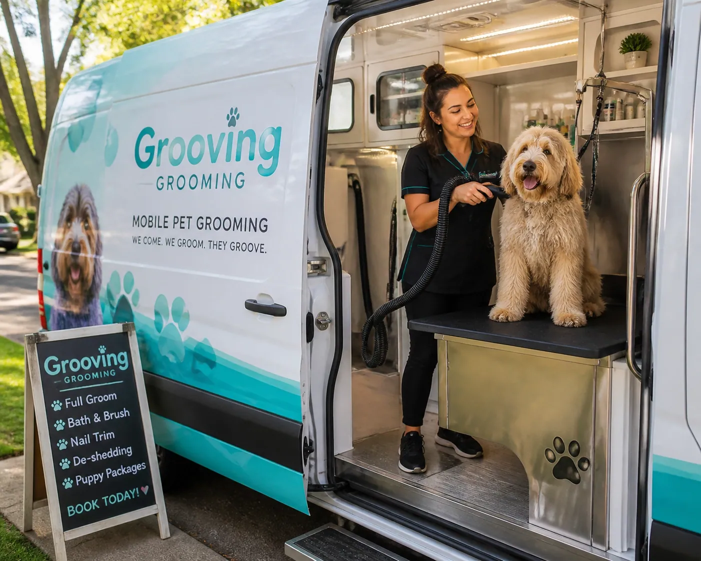 Successful mobile dog groomer working, representing a thriving service business with a strong online presence.