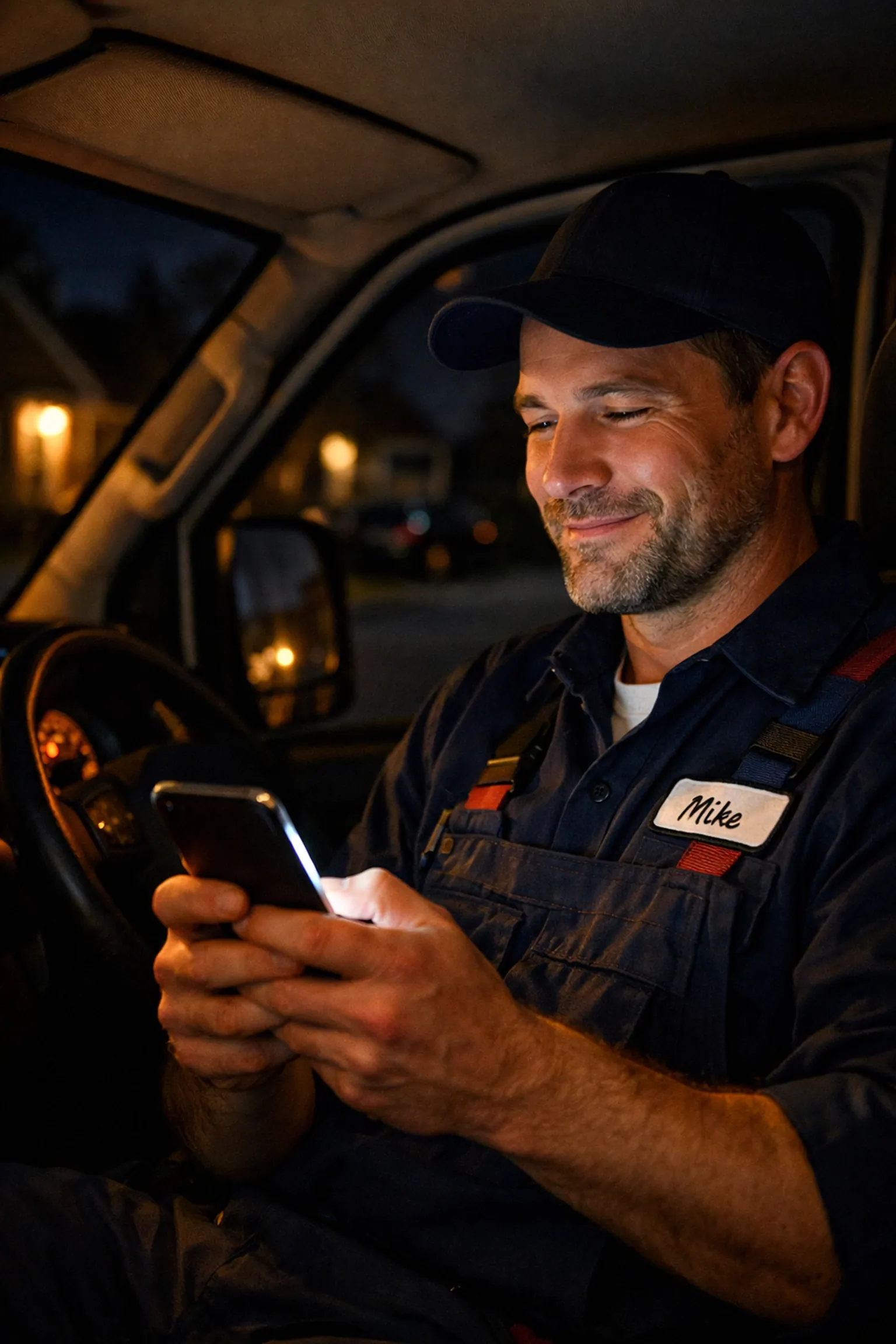 Plumber seeing a new customer lead on his phone captured 24/7 by an AI chatbot website assistant.