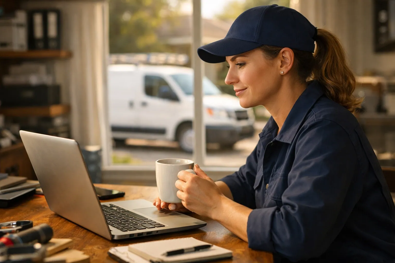 Small business owner in uniform reviewing website traffic and Google Search Console performance data.