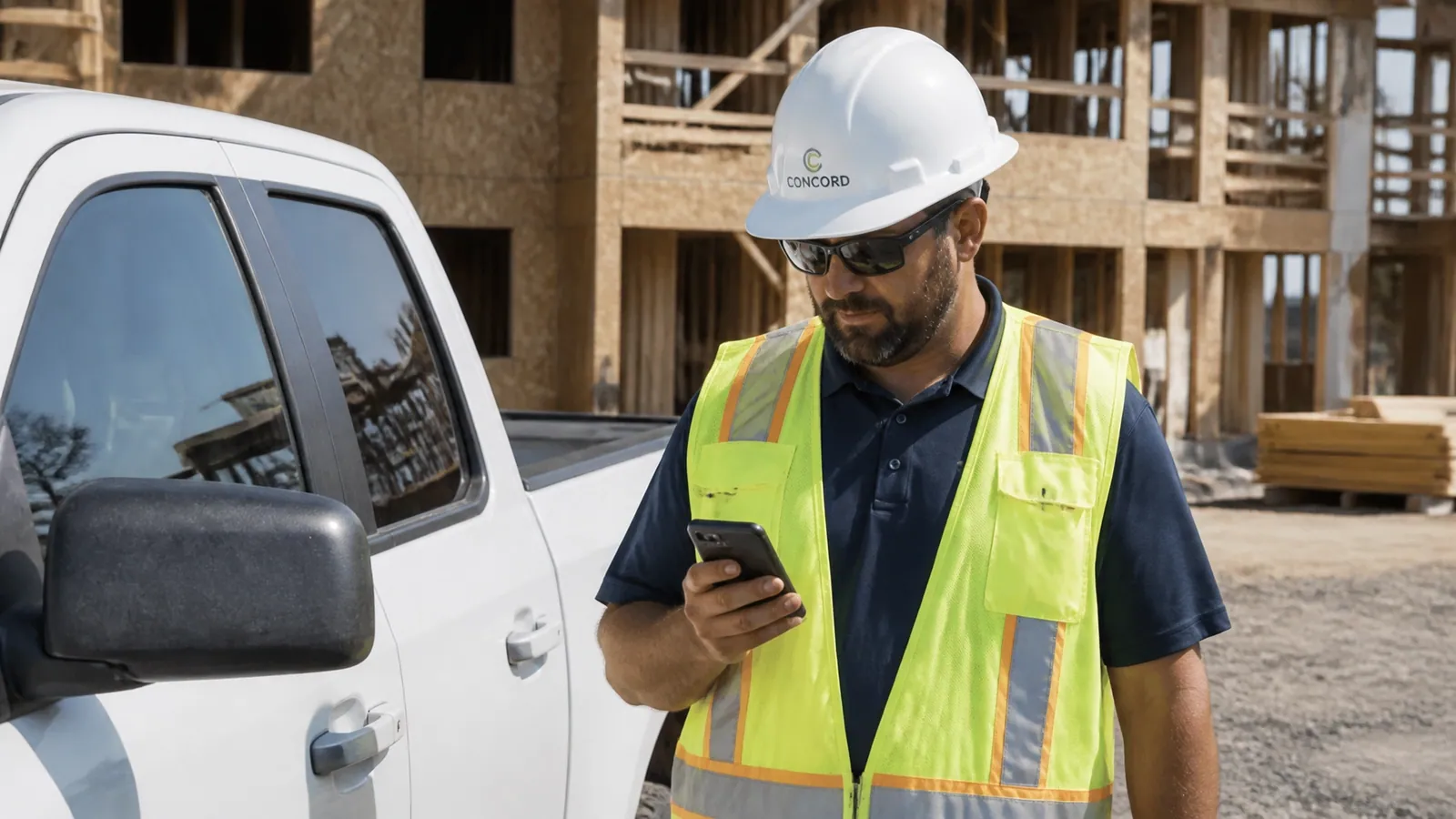 Construction manager checking his phone on a job site