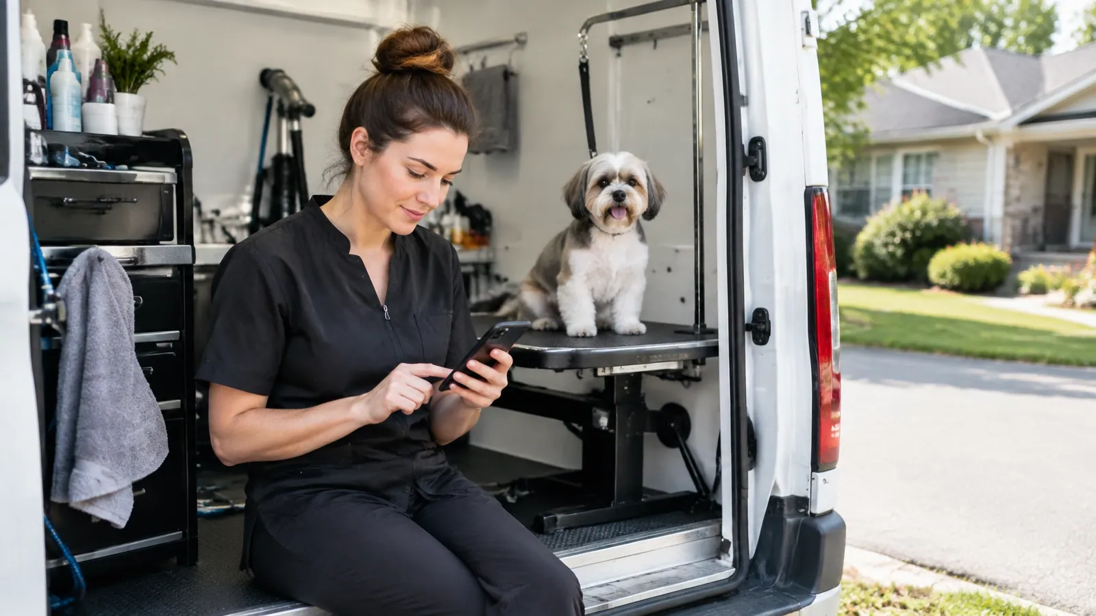 Mobile dog groomer checking a website and appointment request outside a grooming van