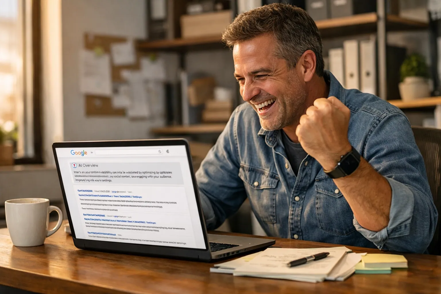 Small business owner at desk seeing improved visibility on search results on a laptop, realistic win moment