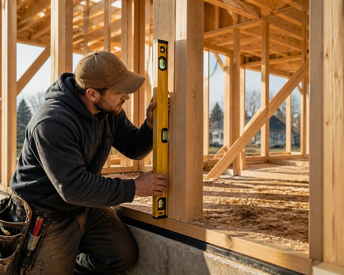 Carpenter checking a house frame level, illustrating the strong foundation of website maintenance plans.