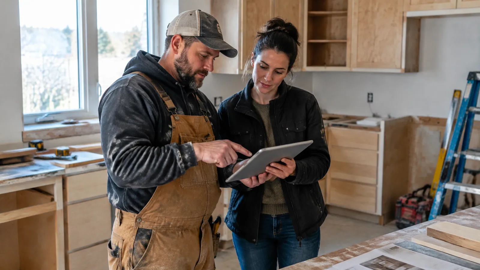 Carpenter reviewing website pages with a web designer at a residential job site