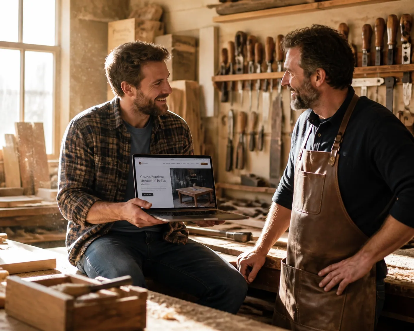 Web designer consulting a local carpenter, showing direct communication for small business website services.