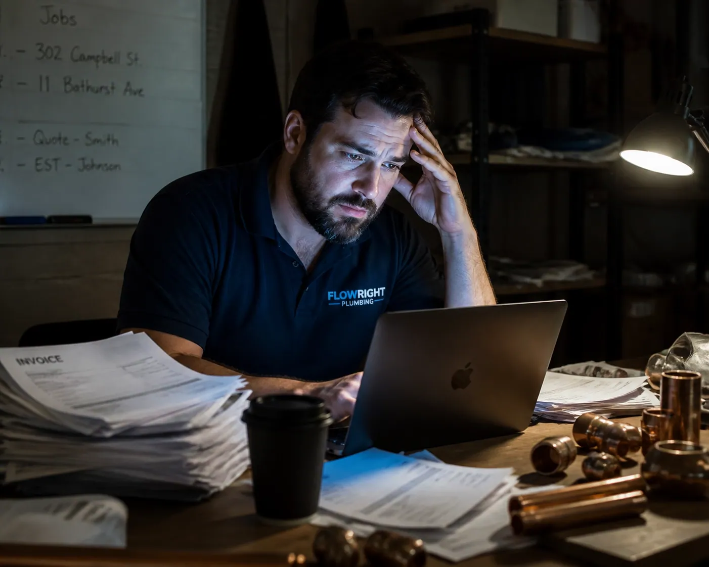 A small business owner looking frustrated at a laptop while managing website revision emails.