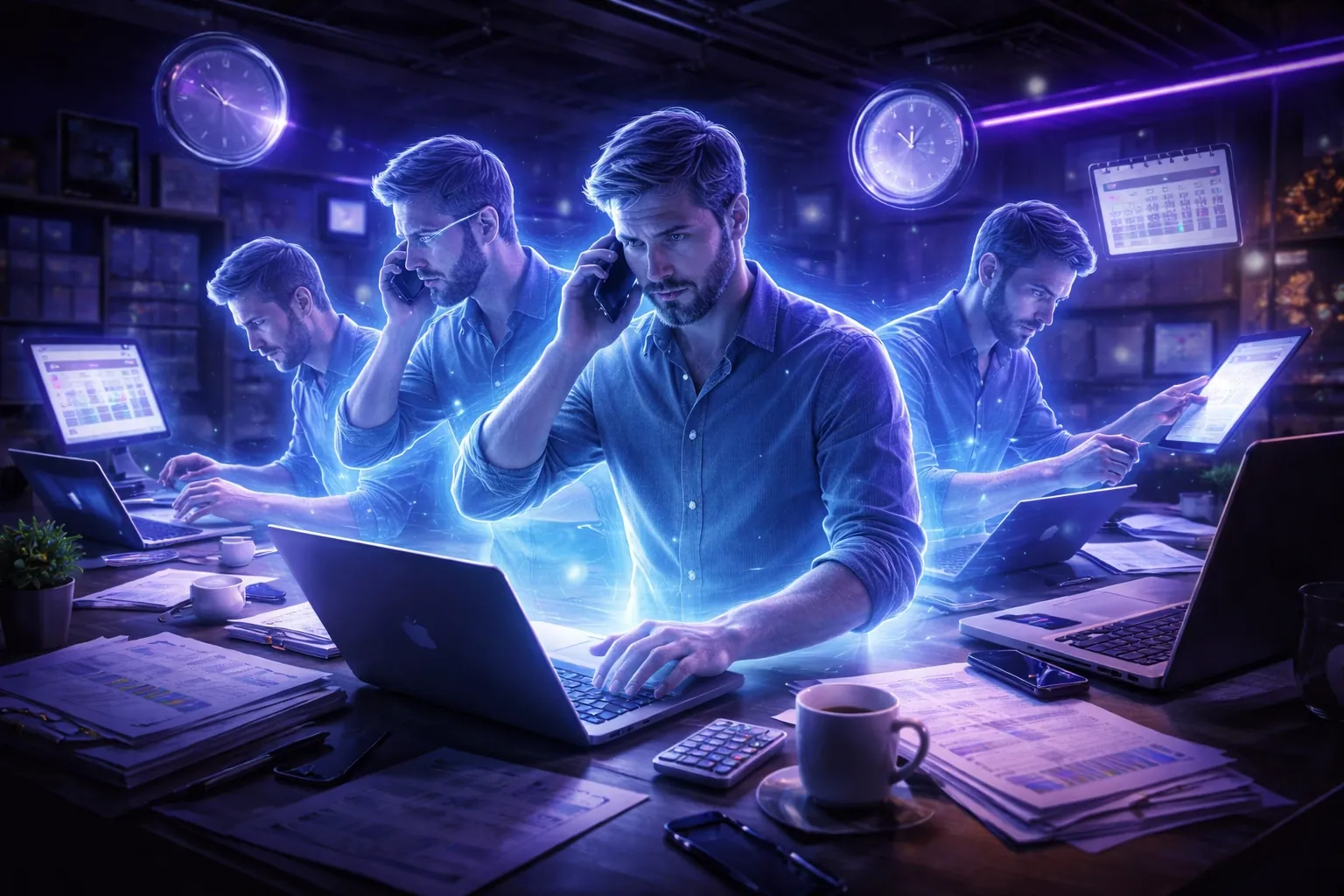 Small business owner overwhelmed by multitasking, illustrating stress of managing a business website.
