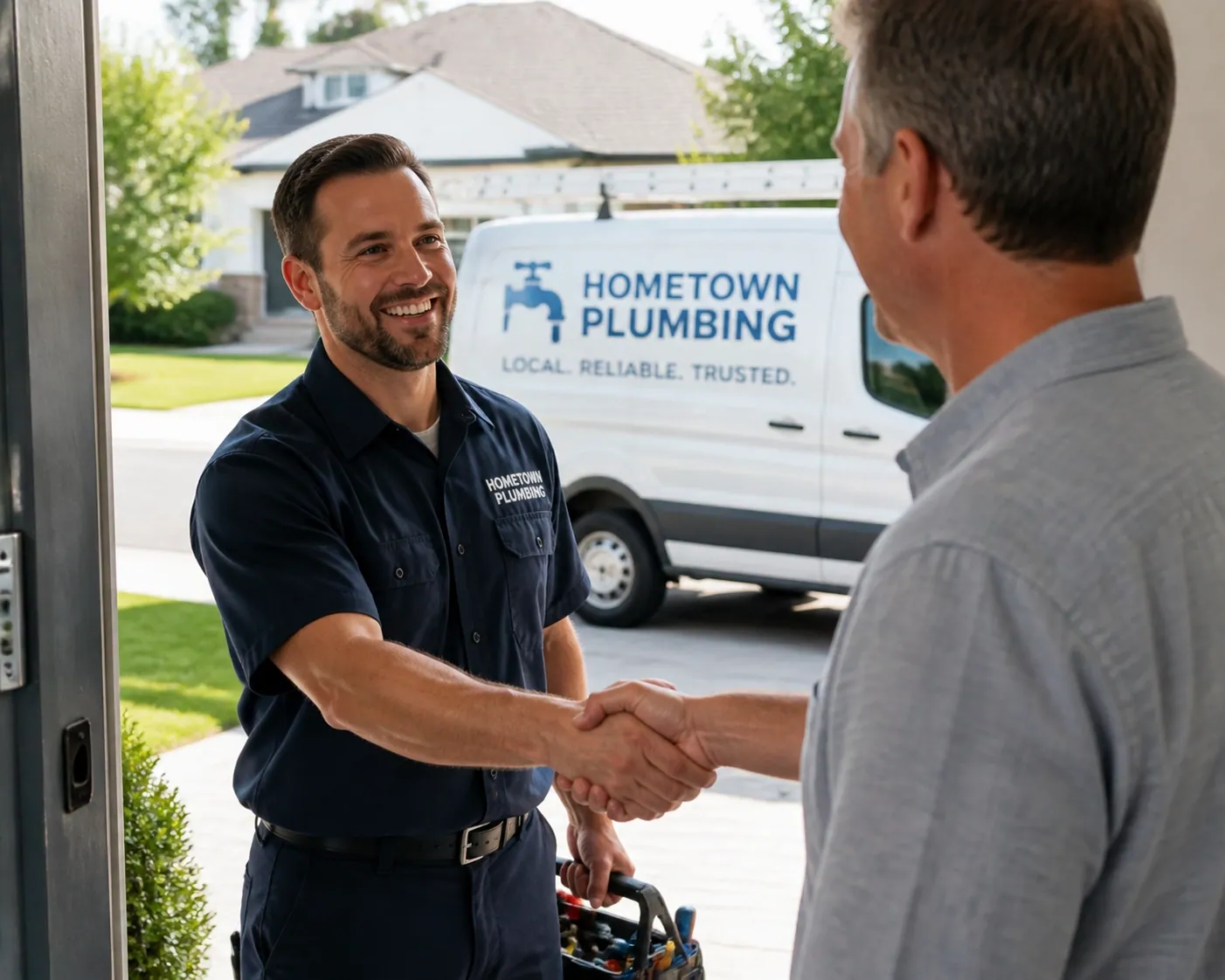 Plumber shaking hands with a customer, showing how a healthy website generates leads for local businesses.