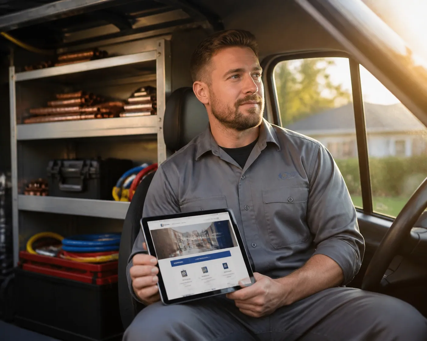 HVAC technician in a service van reviewing a mobile-friendly business website optimized for local SEO.