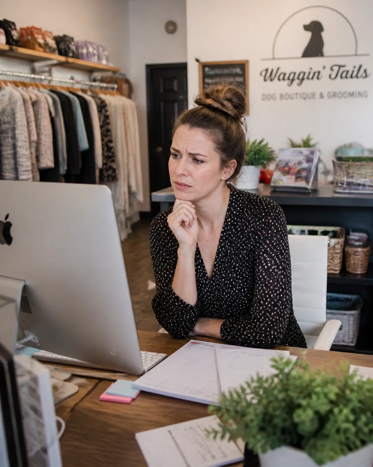 Small business owner looking confused at a computer screen