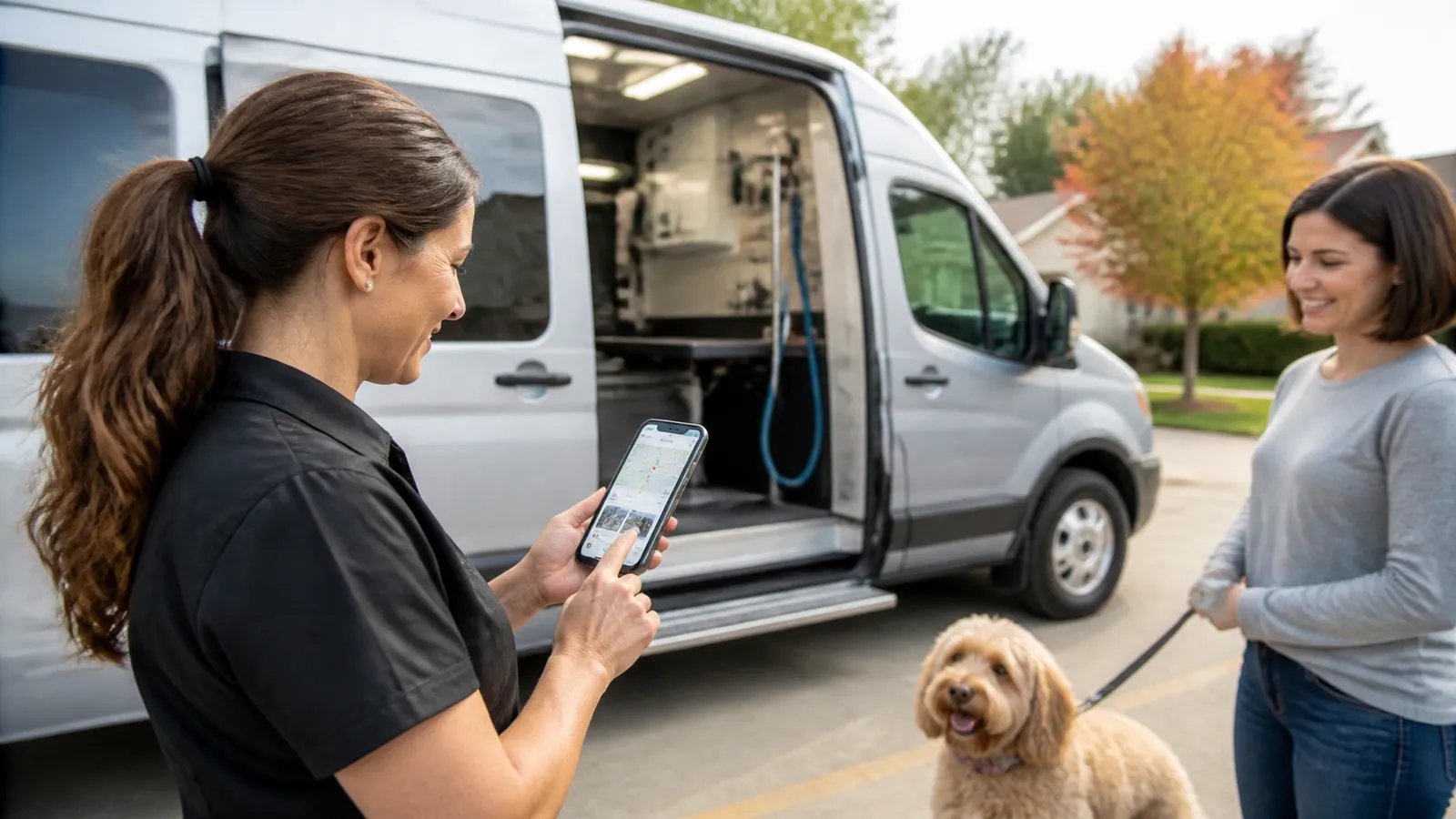 Mobile dog-grooming business owner checking a local business listing on a smartphone outside her service van