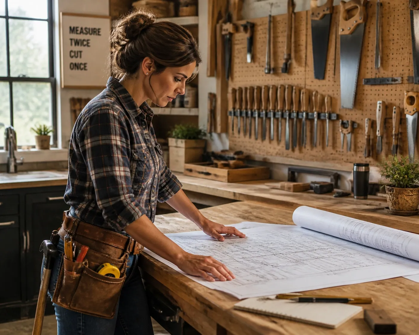 Contractor reviewing blueprints, illustrating web design for small business and organized site structure.