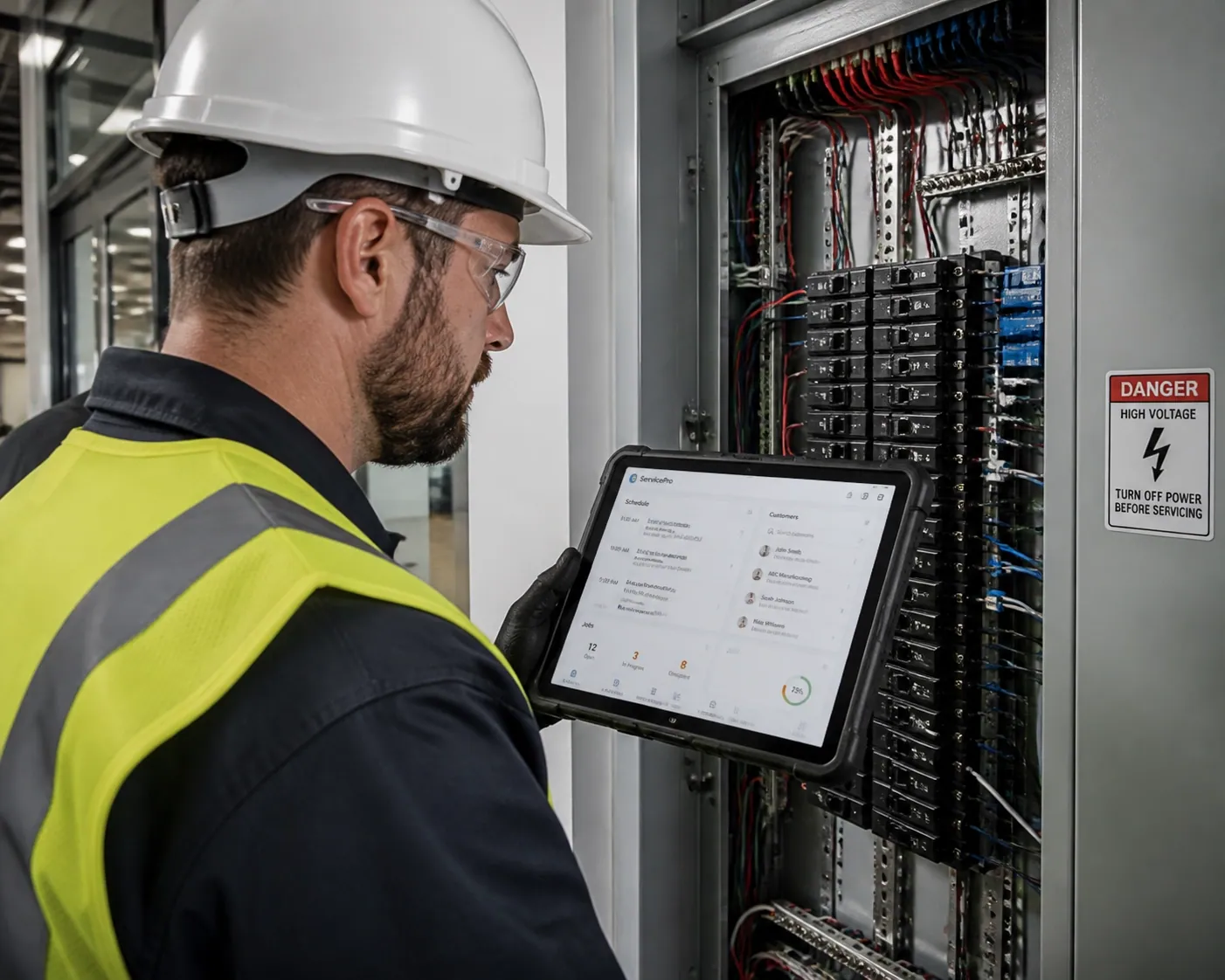 Professional electrician using a tablet with an AI dashboard to manage business schedules on-site.