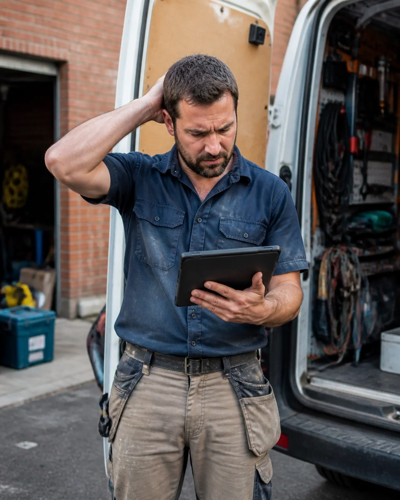 A frustrated carpenter looking at a tablet