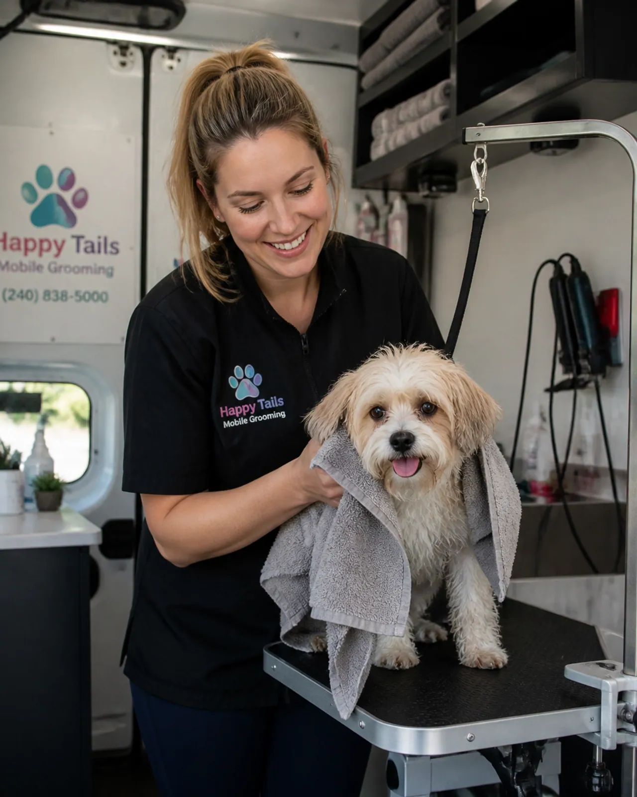 Mobile dog groomer working in a van, showing a focused small business owner