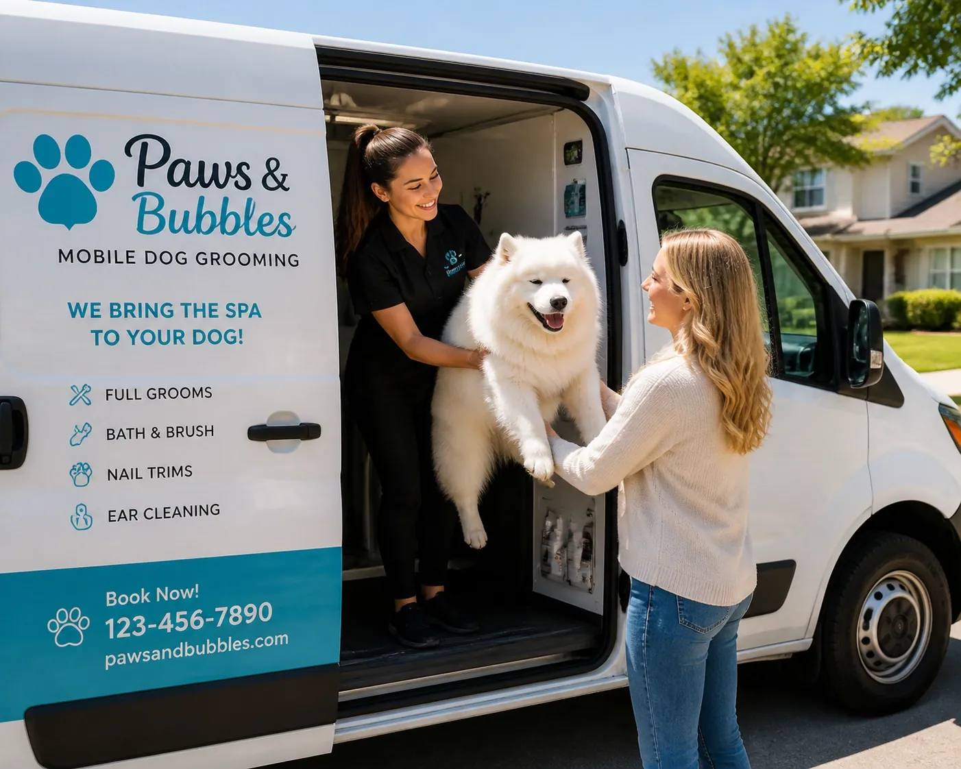 Mobile dog grooming van and happy client, showing lead generation results for service-based small businesses.