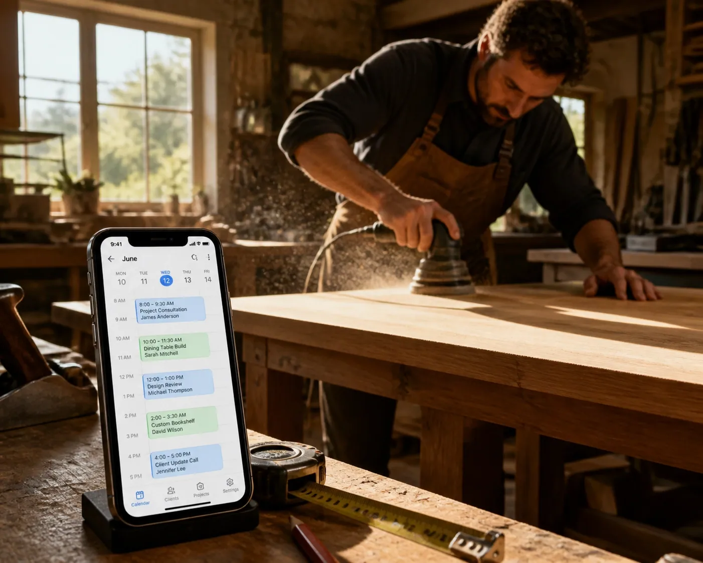 Carpenter in workshop with a smartphone showing automated appointment bookings for his small business.