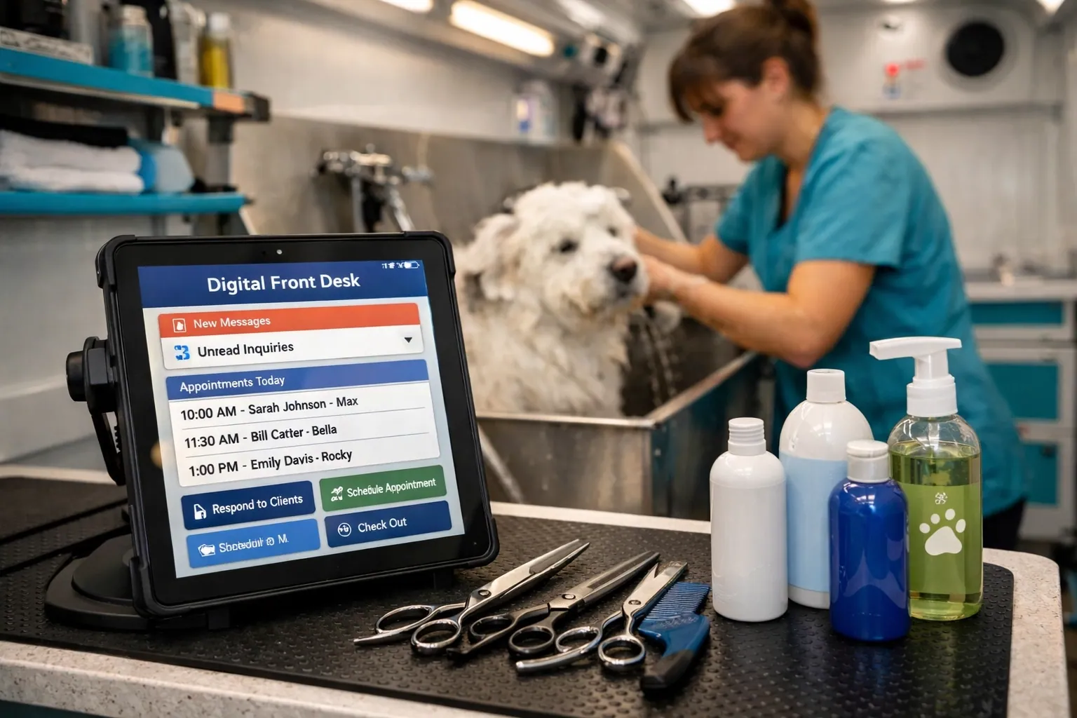 Dog groomer washing a dog while an AI lead capture form on a tablet handles customer inquiries automatically.