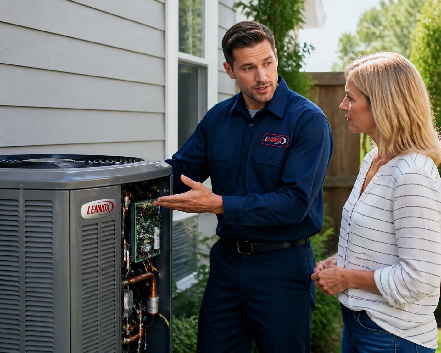 HVAC professional providing expert advice to a homeowner, showing value of professional guidance.