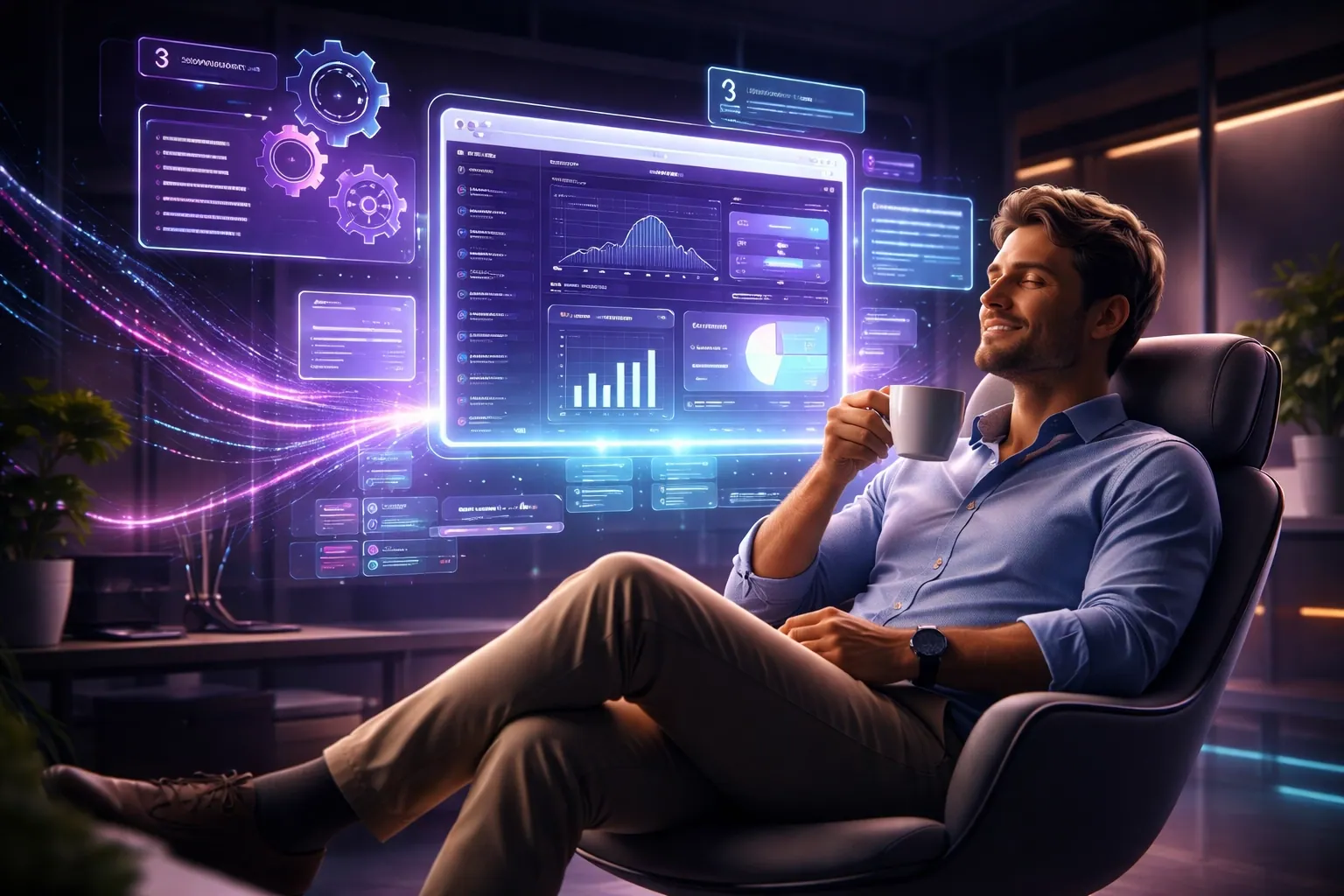 Relaxed business owner enjoying coffee while AI handles website maintenance, showing stress-free web solutions.