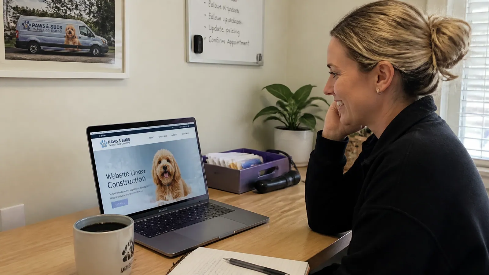 A business owner comfortably reviewing her website progress on a laptop