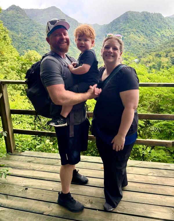 Chase Francis, founder & solopreneur of CFGROOVE Digital Agency, and family, hiking in a jungle.