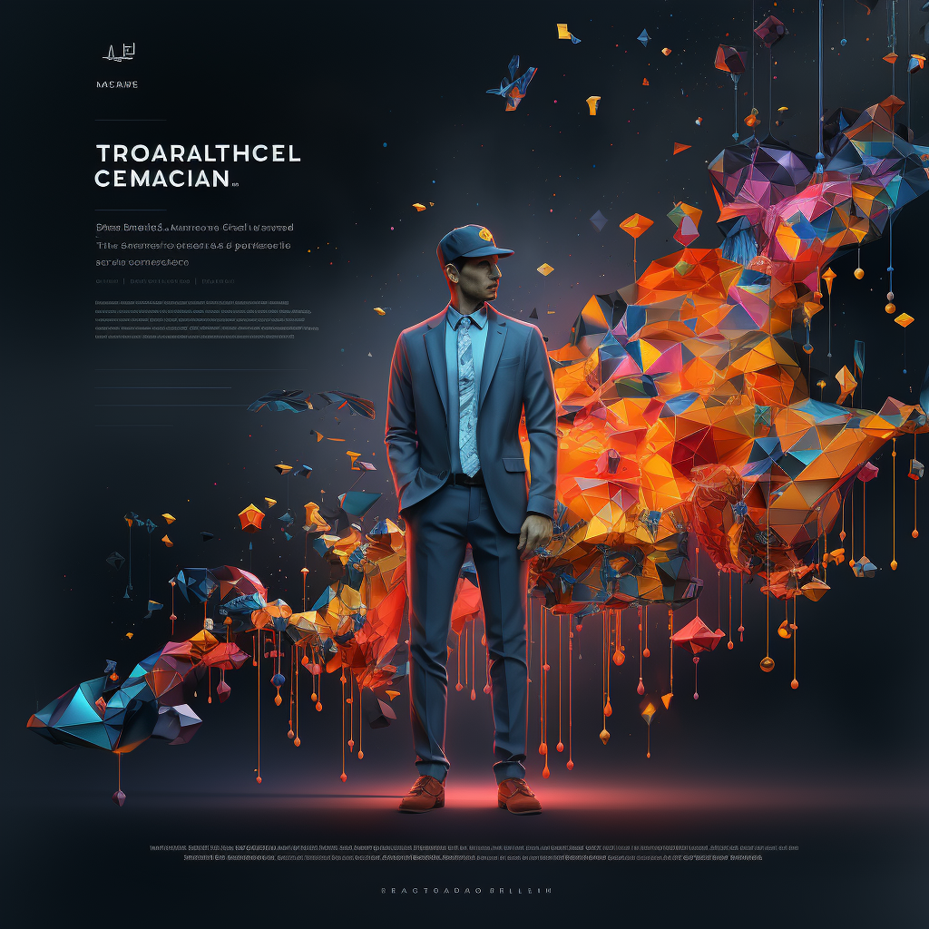 creative web design, man in a suite standing infront of a kaleidoscope of orange cubes exploding to the right