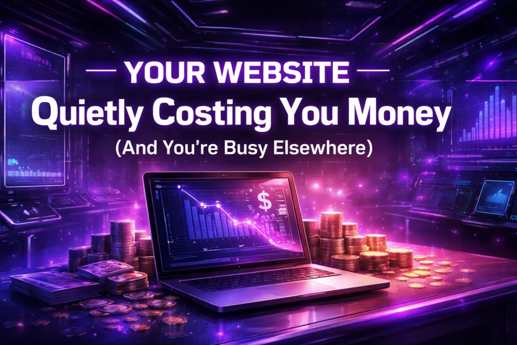 A laptop displaying a declining financial graph sits on a desk surrounded by stacks of coins, bills, and glowing charts. Text reads: YOUR SERVICE BASED SMALL BUSINESS WEBSITE Quietly Costing You Money (And You’re Busy Elsewhere).