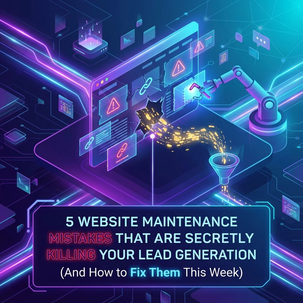 A robotic arm repairs a glitching service based small business website on a screen with warning symbols. The text reads: “5 Website Maintenance Mistakes That Are Secretly Killing Your Lead Generation (And How to Fix Them This Week).”.