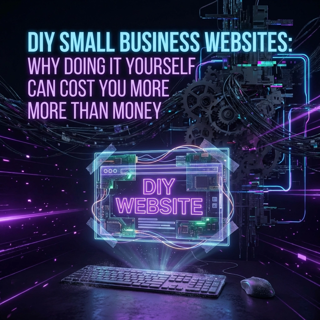 A neon sign reads DIY Website with digital and mechanical elements in the background. Text above says, DIY small business websites: Why doing it yourself can cost you more—consider a service based small business website service.