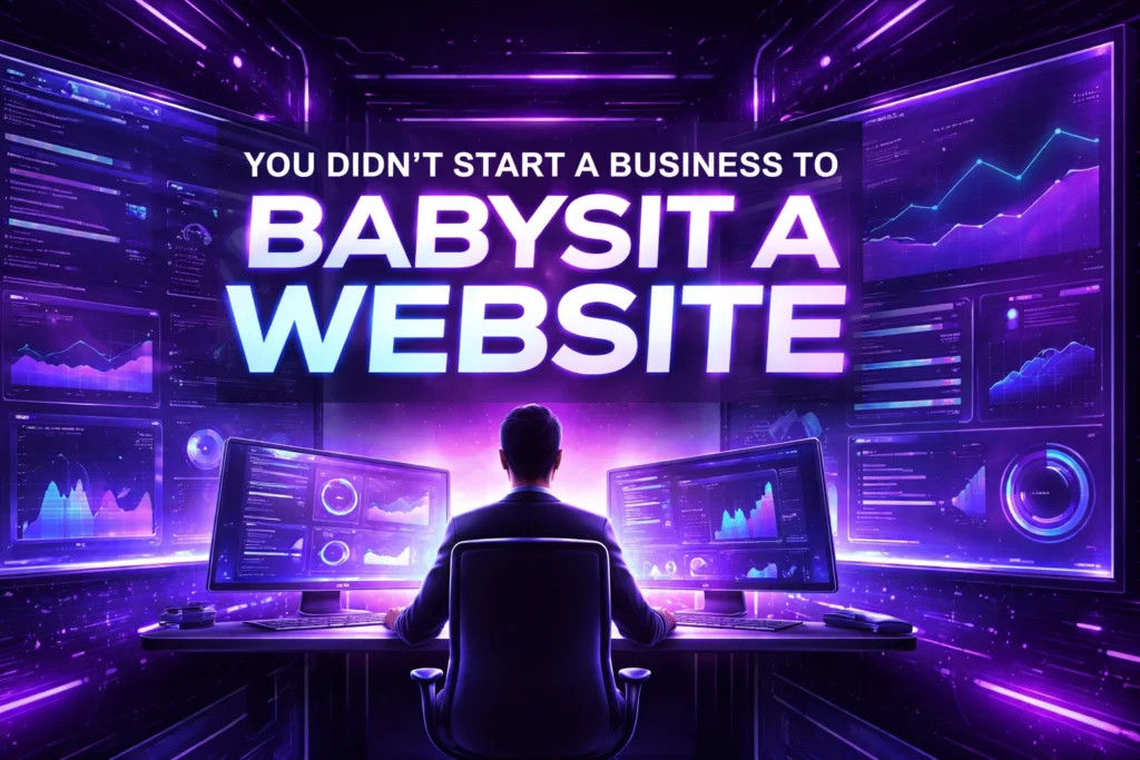 A person sits at a desk with multiple monitors displaying colorful graphs and charts. Bold text above reads, You didn't start a service based small business to babysit a website. The scene glows with vibrant purple and blue hues.