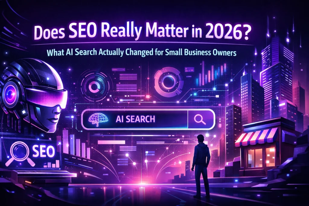 A futuristic city with neon lights, an AI robot face, digital SEO icons, and a person exploring a large AI search bar. Text reads: Does SEO Really Matter in 2026? How AI Search Changed Service Based Small Business Website Success.