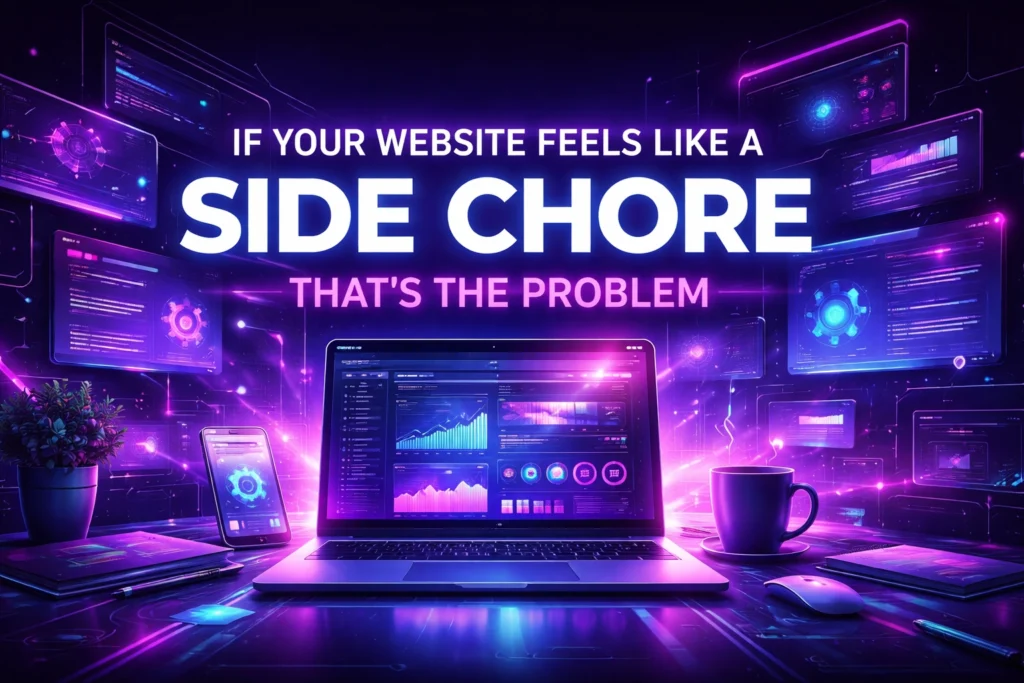 A glowing laptop with graphs and charts on the screen sits on a desk surrounded by digital screens, highlighting a message for service based small business website service owners: “If your website feels like a side chore, that’s the problem.” Neon purple and blue colors dominate.