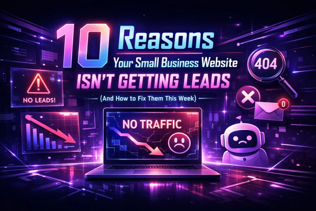 Digital illustration with the headline 10 Reasons Your Service Based Small Business Website Isn’t Getting Leads, featuring a laptop showing NO TRAFFIC, error icons, a sad face, decline graphs, and a robot in a futuristic, neon style.