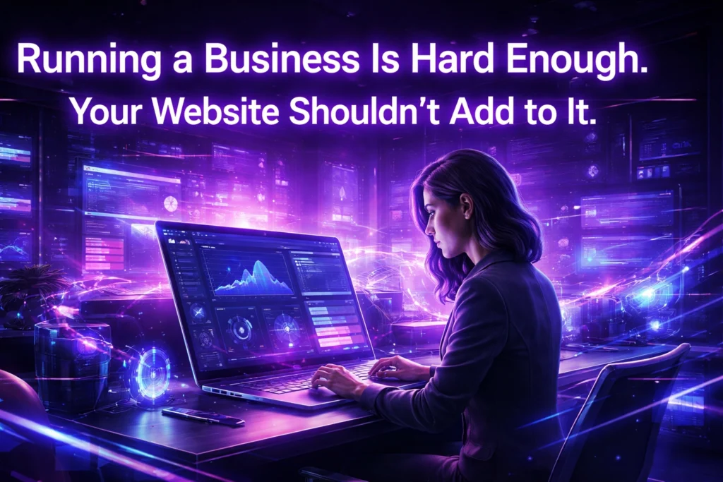 A woman works on a laptop displaying data charts in a glowing, futuristic office. Large text above says, Running a Business Is Hard Enough. Your service based small business website service shouldn’t add to it. Purple and blue neon lights fill the scene.