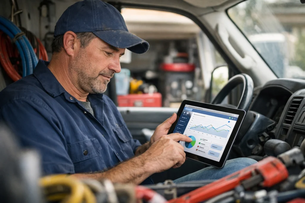 A man in work clothes and a cap sits in a vehicle, using a tablet displaying charts and graphs. Tools and equipment are visible around him, suggesting he is monitoring data for his service based small business website service.