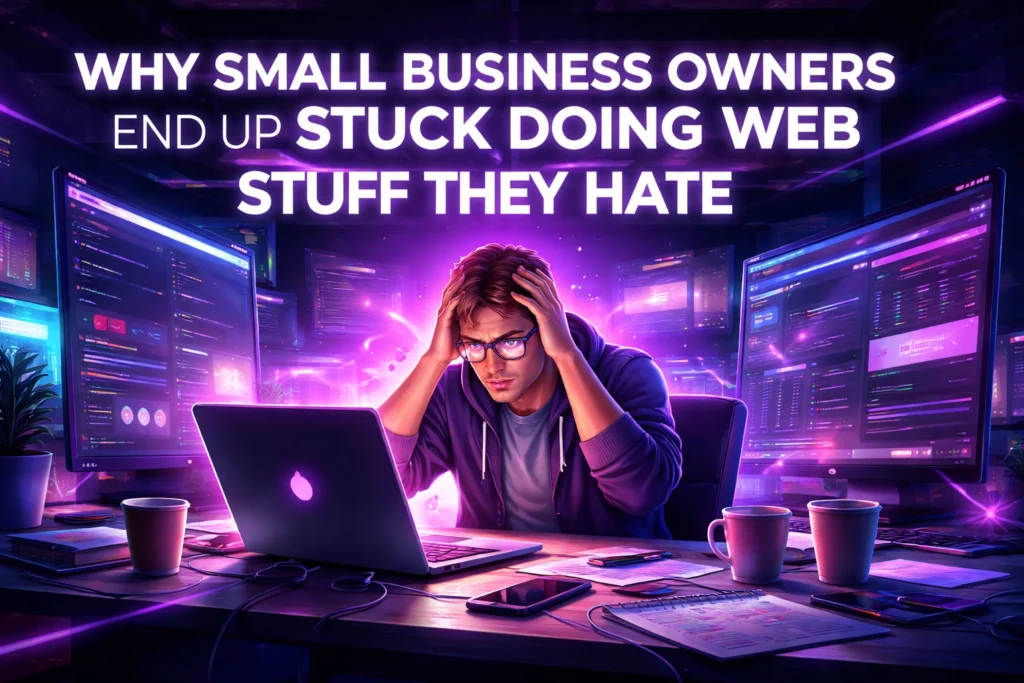 A stressed person sits at a cluttered desk with a laptop, surrounded by monitors displaying web content. Bold text asks, Why do service based small business owners end up stuck doing web stuff they hate? Neon lighting fills the room.