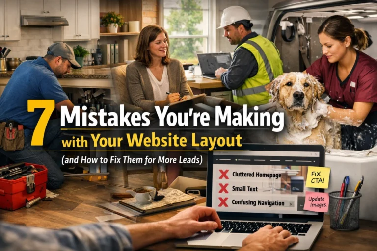 A collage of people working in various settings with bold text: 7 Mistakes You’re Making with Your Service Based Small Business Website Layout (and How to Fix Them for More Leads). A laptop screen shows common website mistakes listed.