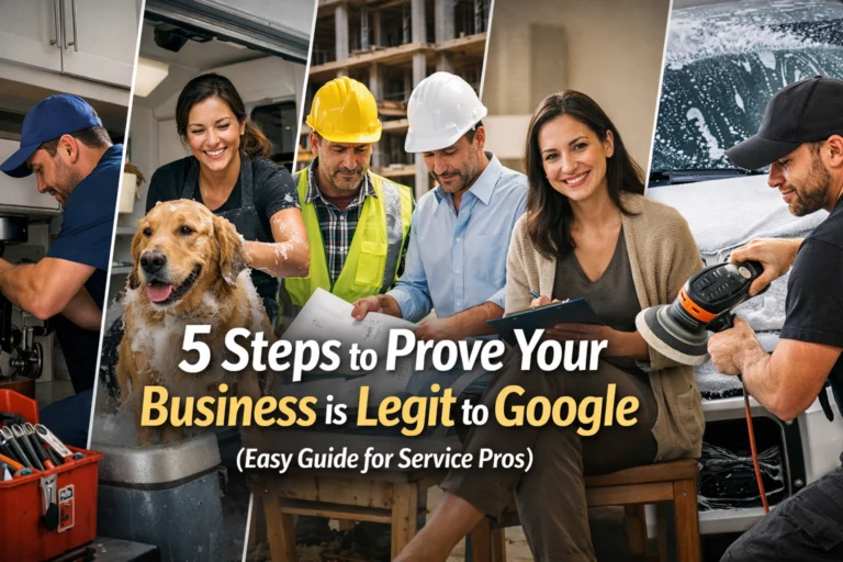 A collage shows people in various service jobs: a mechanic, a groomer washing a dog, two construction workers with blueprints, and a car detailer. Text reads, “5 Steps to Prove Your Business is Legit to Google (Easy Guide for Service Pros).”.