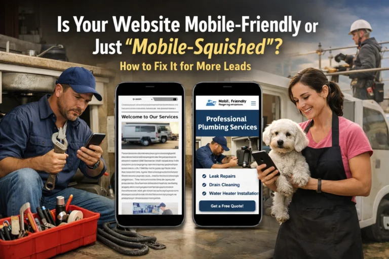 Two plumbers, a man working on pipes and a woman holding a dog, appear behind two smartphones displaying a plumbing website. The text asks if your website is mobile-friendly or mobile-squished and offers tips for more leads.