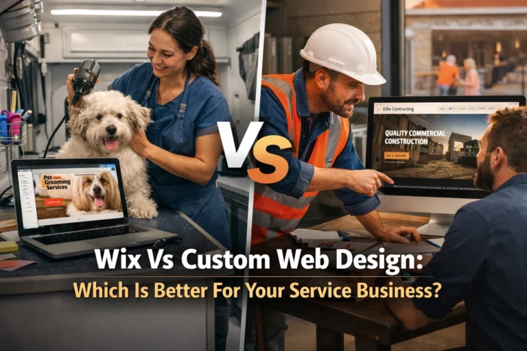 A split image compares a woman using Wix for a pet grooming website with a man in construction gear discussing a custom web design for a construction business. Text reads, Wix Vs Custom Web Design: Which Is Better For Your Service Business?.
