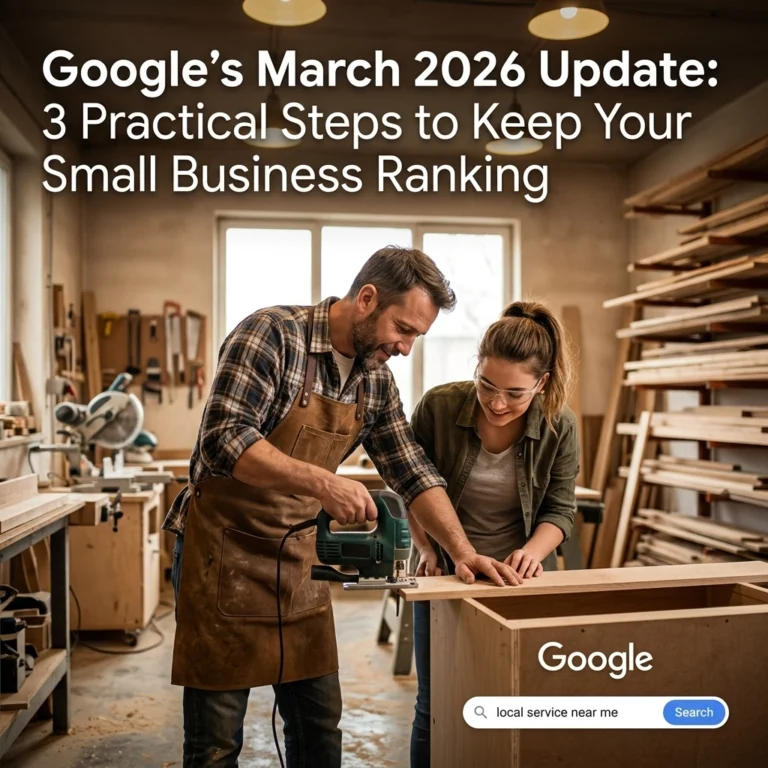 A man and woman work together in a woodworking shop. Text reads: “Google’s March 2026 Update: 3 Practical Steps to Keep Your Small Business Ranking.” A Google search bar at the bottom displays “local service near me.”.
