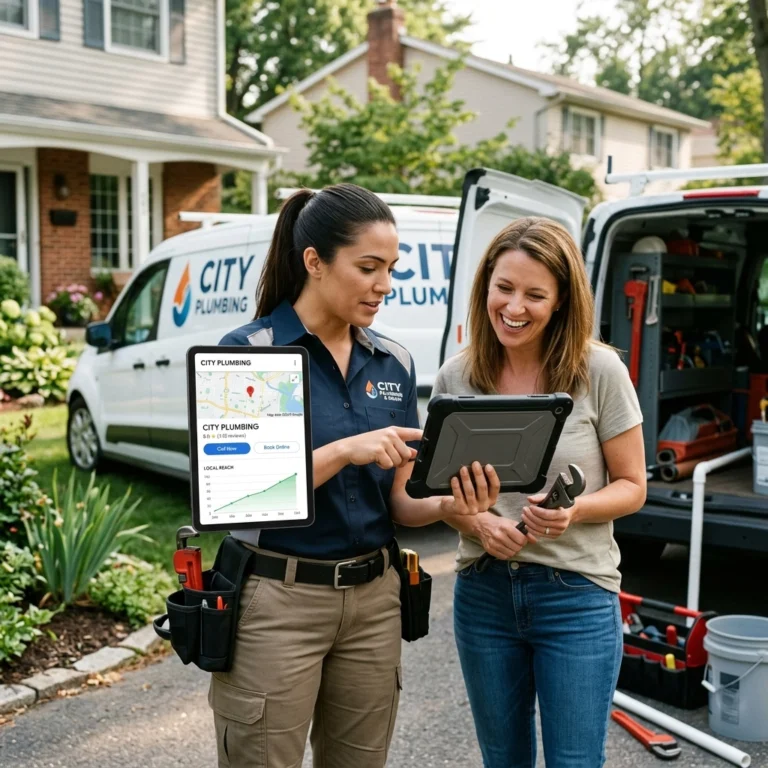 A plumber shows a tablet to a smiling customer outside a house, with a City Plumbing van in the driveway and plumbing tools visible in the van. Both women appear engaged and friendly.