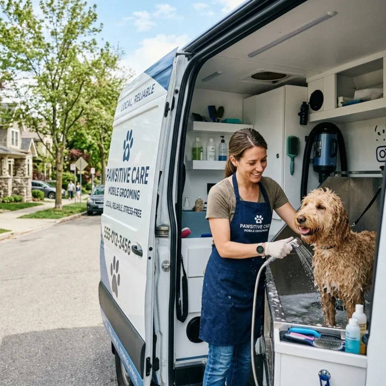 A smiling groomer washes a wet, happy dog inside a mobile grooming van parked on a residential street. The van door is open, showing grooming tools and the business name Pawsitive Care Mobile Grooming.