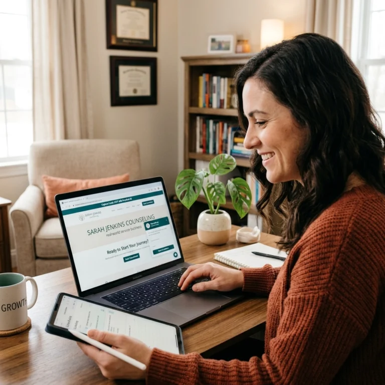 A woman sits at a desk with a laptop and tablet, smiling while working. The laptop screen shows a counseling website. The room has certificates on the wall, a bookshelf, a plant, and a coffee mug labeled GROWTH.