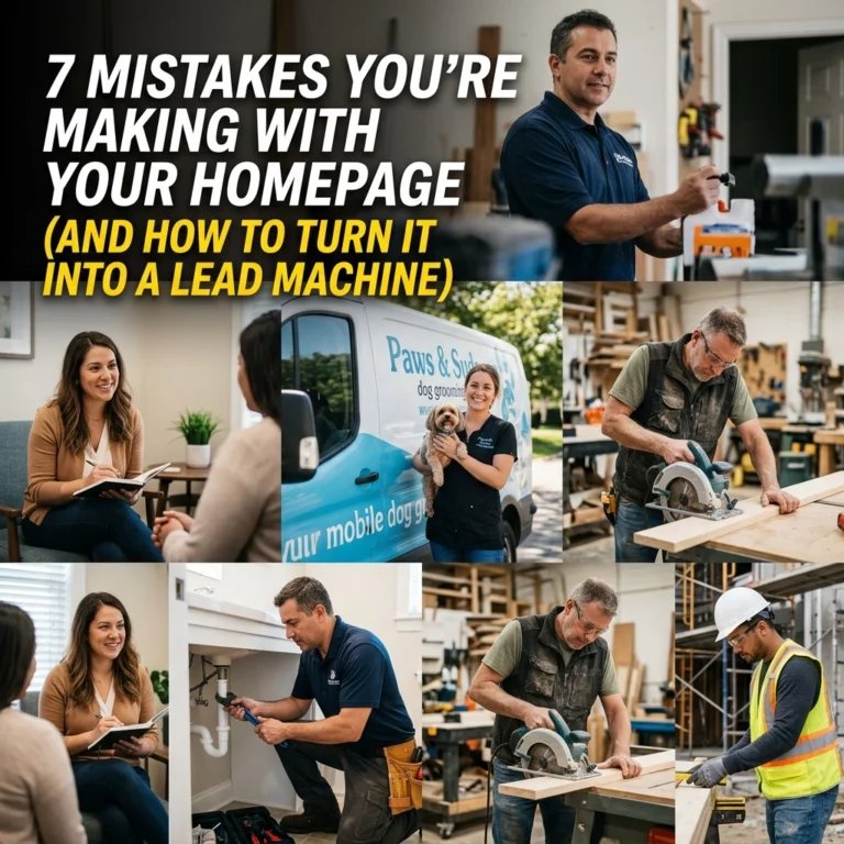 A collage shows professionals at work: two people talking at a desk, a man holding a dog by a van, a man using a circular saw on wood, a man fixing plumbing, and workers measuring wood; titled “7 Mistakes You’re Making with Your Homepage.”.